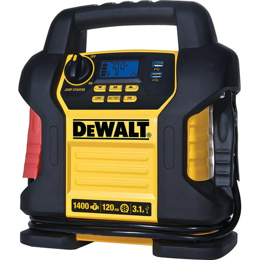 DEWALT DXAEJ14 Digital Portable Power Station Jump Starter, 1400 Peak/700 Instant Amps, 120 PSI Air Compressor, 3.1A USB Ports, Battery Clamps